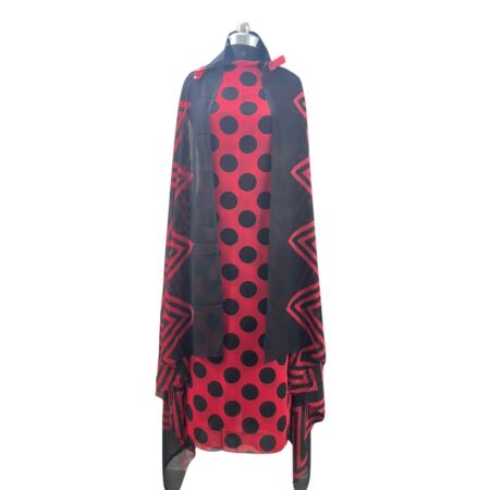 Ruby Red & Black Polka Dot Unstitched Suit Set with Geometric Print Dupatta