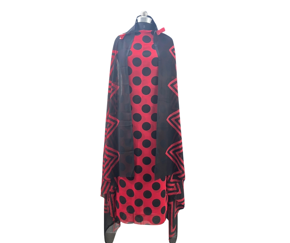 Ruby Red & Black Polka Dot Unstitched Suit Set with Geometric Print Dupatta