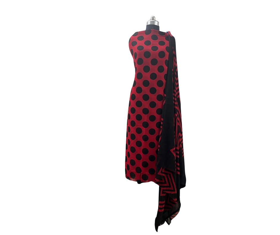 Ruby Red & Black Polka Dot Unstitched Suit Set with Geometric Print Dupatta - Image 2