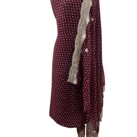 Wine Bandhani Print Suit with Embroidered Dupatta