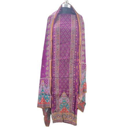 Deep Plum Kalamkari Print Unstitched Salwar Suit Set with Floral Dupatta