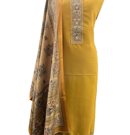 Mustard Kalamkari Unstitched Suit with Pashmina Shawl